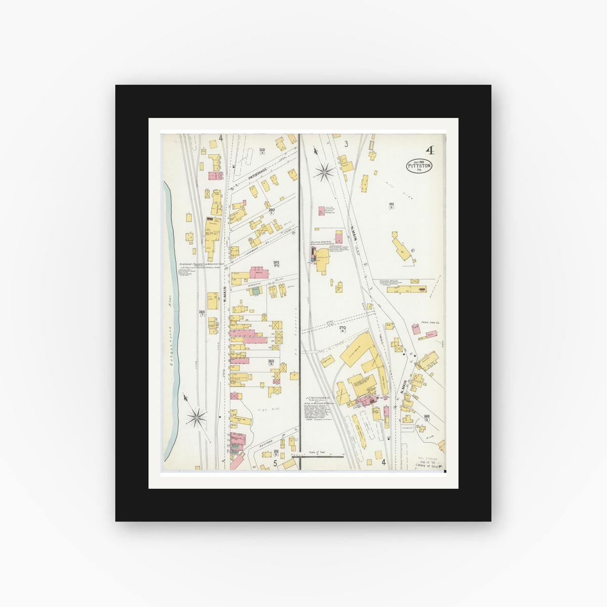 Old map wall art mockup — black gallery frame with white mat — Sanborn Fire Insurance Map from Pittston, Luzerne County, Pennsylvania (1903), Sheet #0004