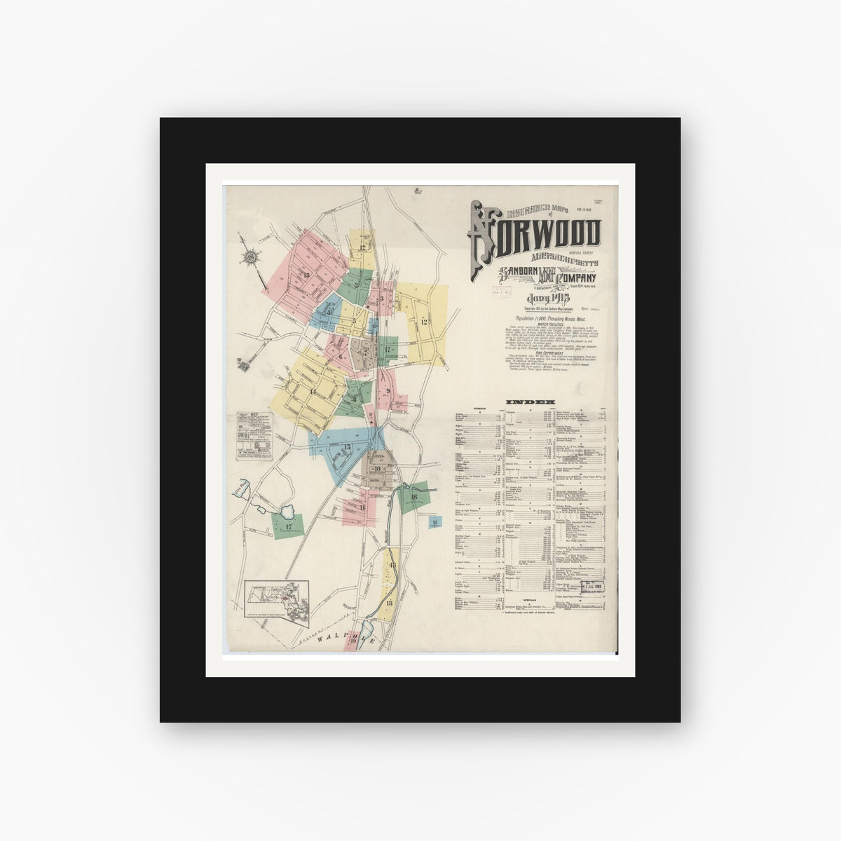 Old map wall art mockup — black gallery frame with white mat — Sanborn Fire Insurance Map from Norwood, Norfolk County, Massachusetts (1915), Sheet #0001