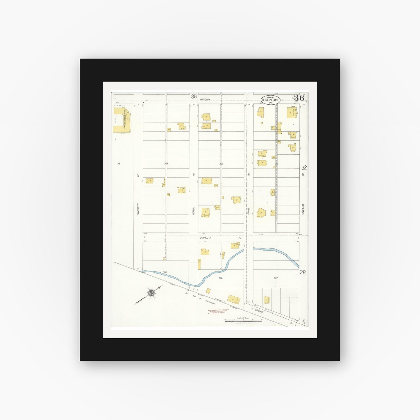 Old map wall art mockup — black gallery frame with white mat — Sanborn Fire Insurance Map from Burlingame, San Mateo County, California (1921), Sheet #0036