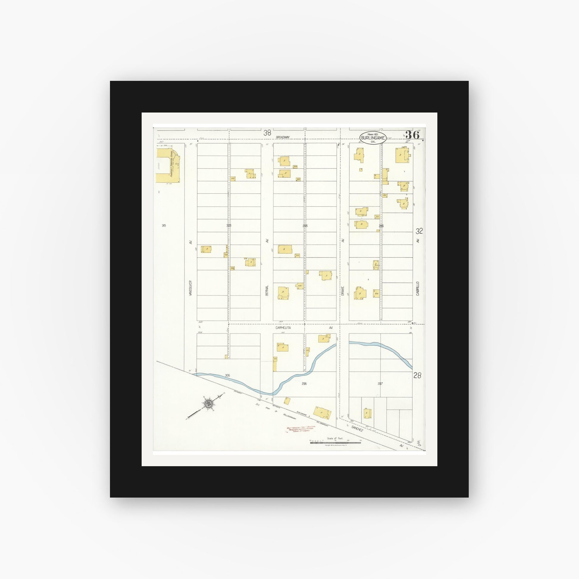 Old map wall art mockup — black gallery frame with white mat — Sanborn Fire Insurance Map from Burlingame, San Mateo County, California (1921), Sheet #0036