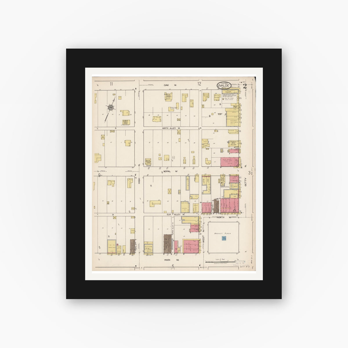 Old map wall art mockup — black gallery frame with white mat — Sanborn Fire Insurance Map from Uvalde, Uvalde County, Texas (1922), Sheet #0002