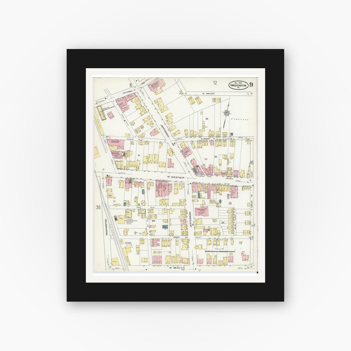 Old map wall art mockup — black gallery frame with white mat — Sanborn Fire Insurance Map from Washington, Washington County, Pennsylvania (1909), Sheet #0009