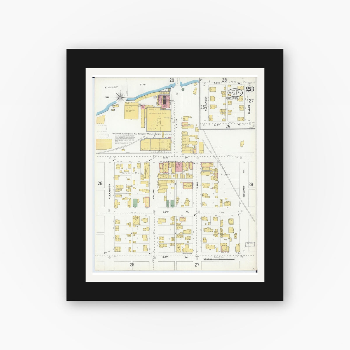 Old map wall art mockup — black gallery frame with white mat — Sanborn Fire Insurance Map from Wausau, Marathon County, Wisconsin (1904), Sheet #0028
