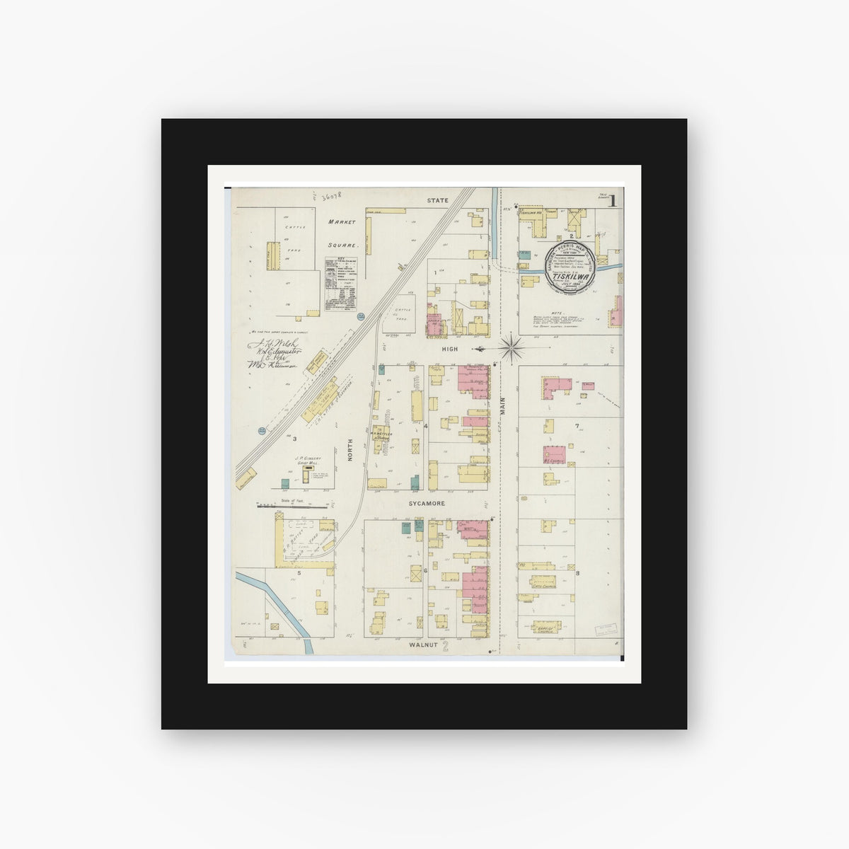 Old map wall art mockup — black gallery frame with white mat — Sanborn Fire Insurance Map from Tiskilwa, Bureau County, Illinois (1894) - Complete Map Set