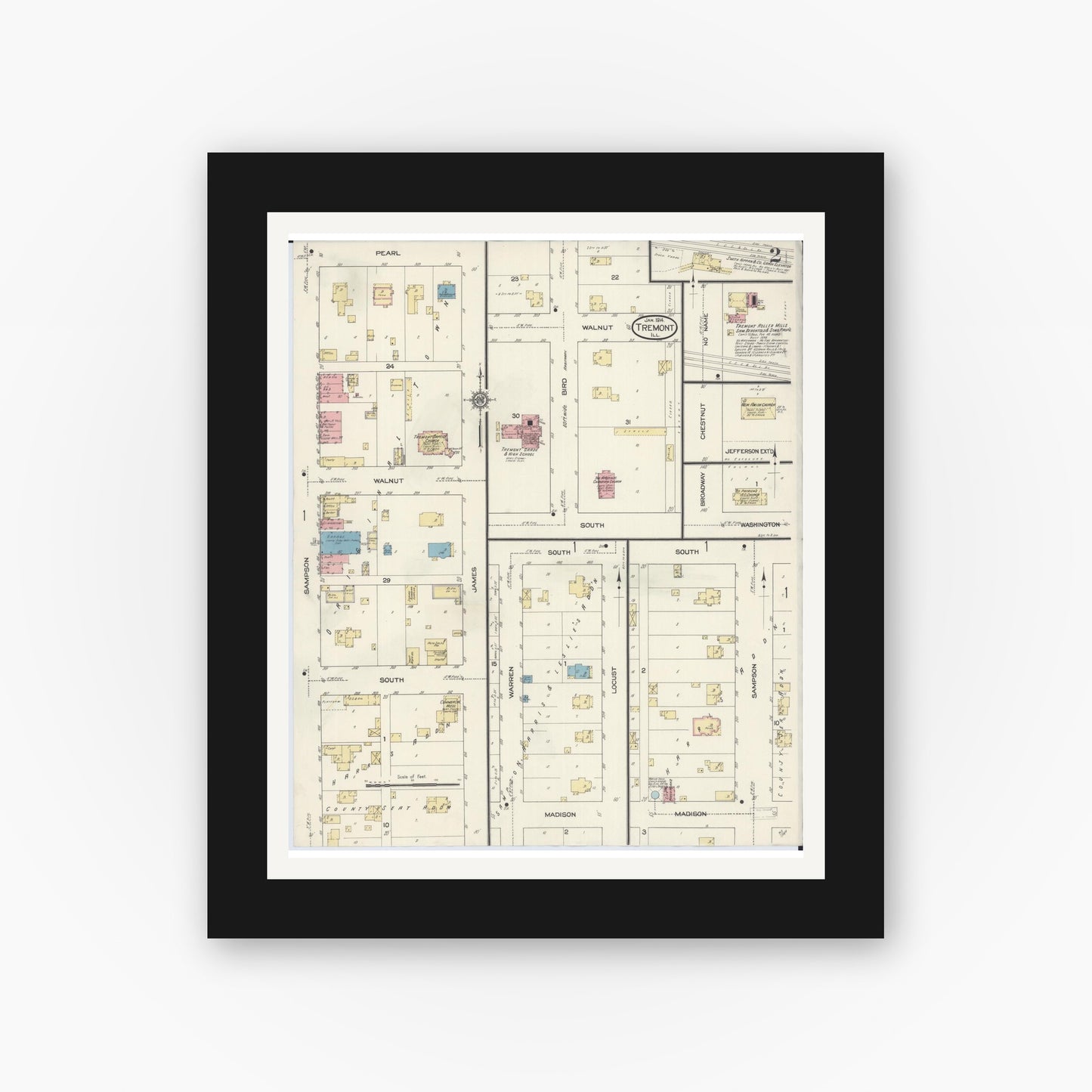 Old map wall art mockup — black gallery frame with white mat — Sanborn Fire Insurance Map from Tremont, Tazewell County, Illinois (1914), Sheet #0002