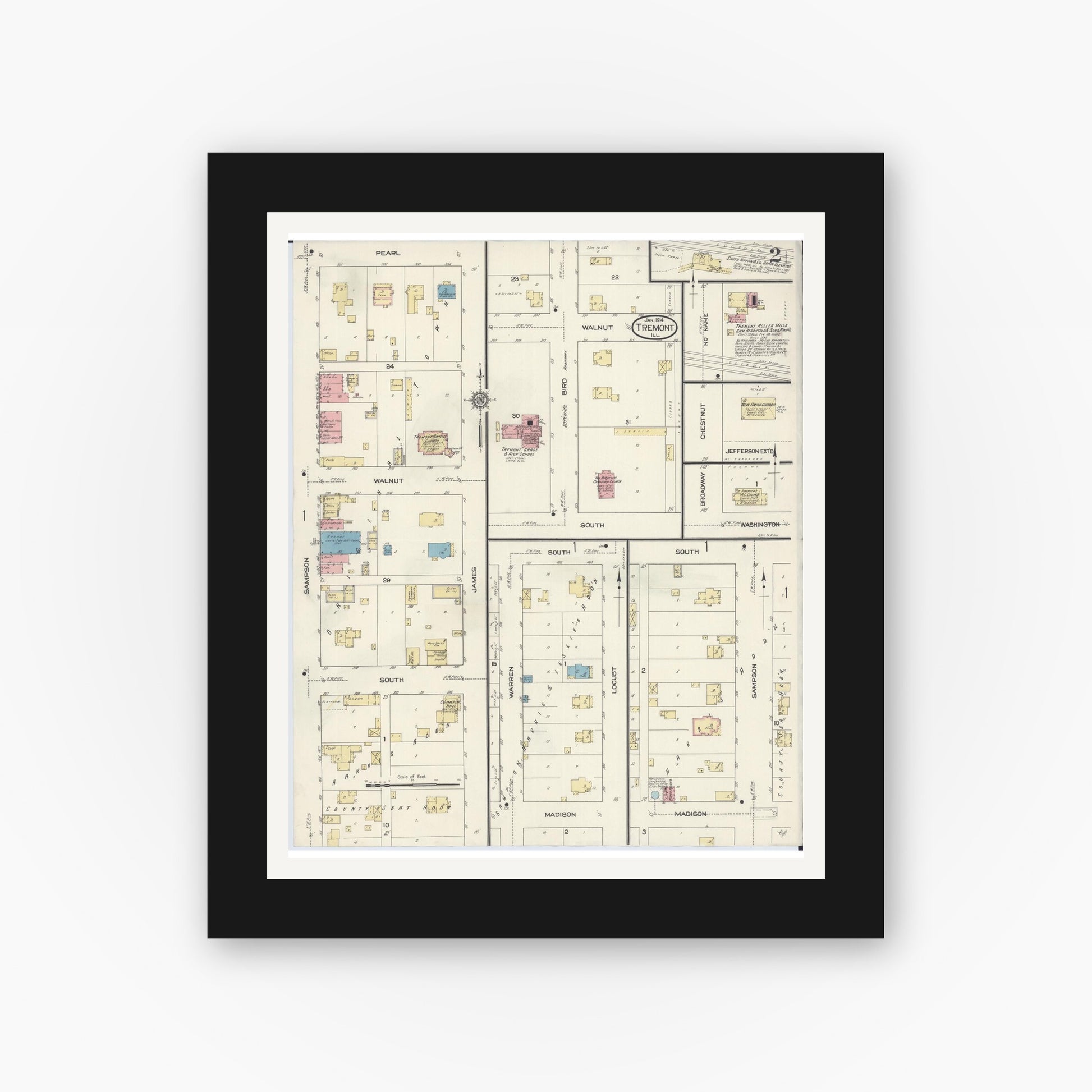 Old map wall art mockup — black gallery frame with white mat — Sanborn Fire Insurance Map from Tremont, Tazewell County, Illinois (1914), Sheet #0002