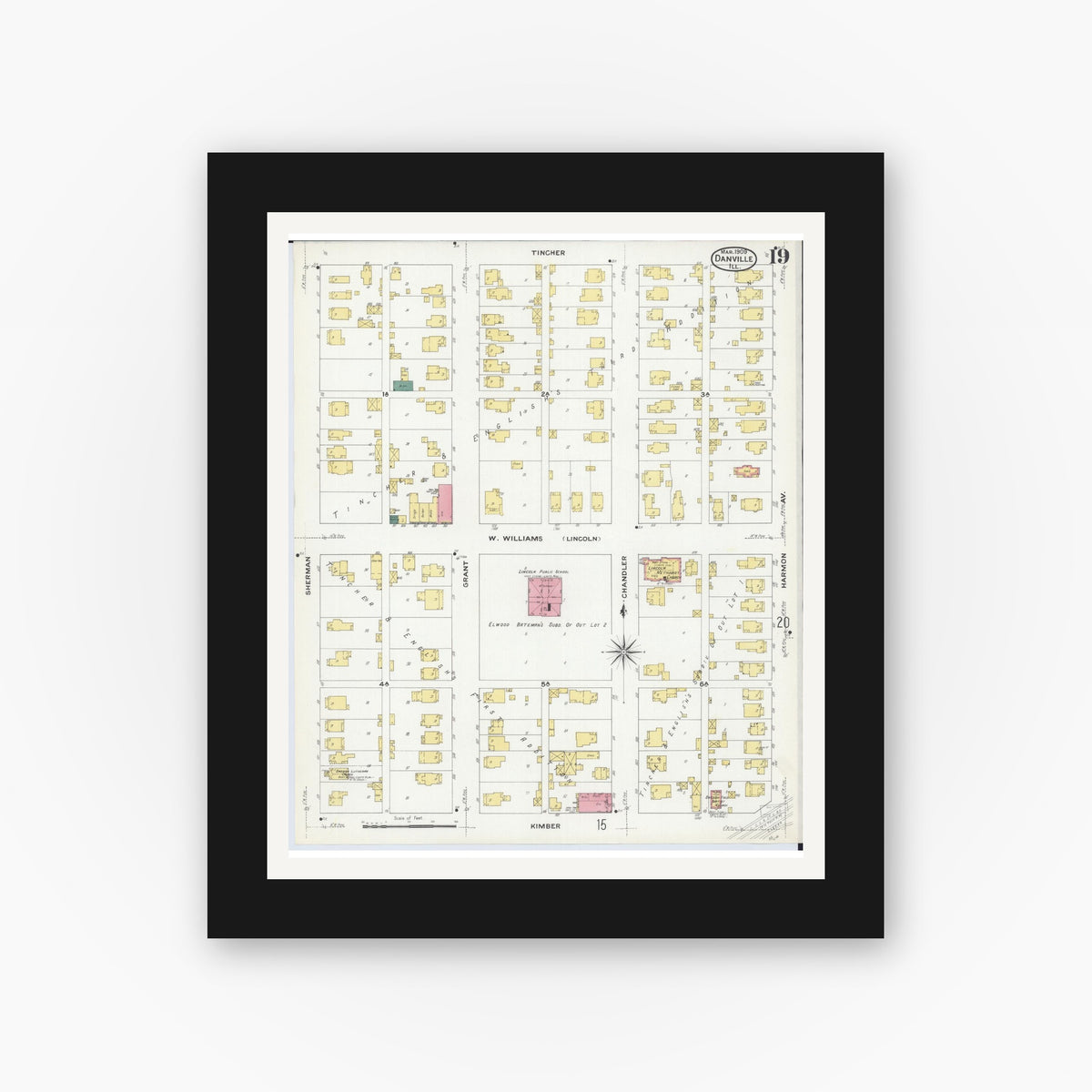 Old map wall art mockup — black gallery frame with white mat — Sanborn Fire Insurance Map from Danville, Vermilion County, Illinois (1909), Sheet #0019