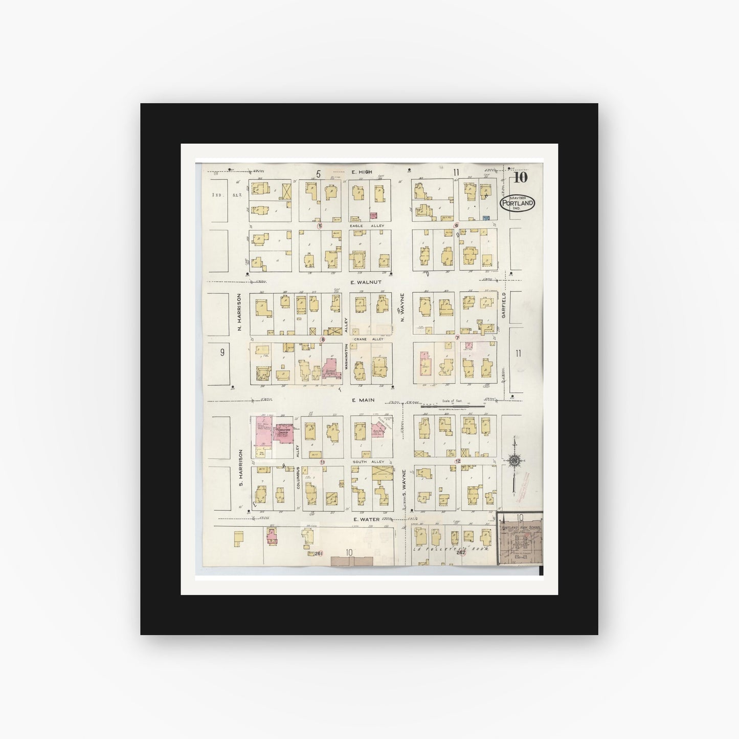 Old map wall art mockup — black gallery frame with white mat — Sanborn Fire Insurance Map from Portland, Jay County, Indiana (1946), Sheet #0010