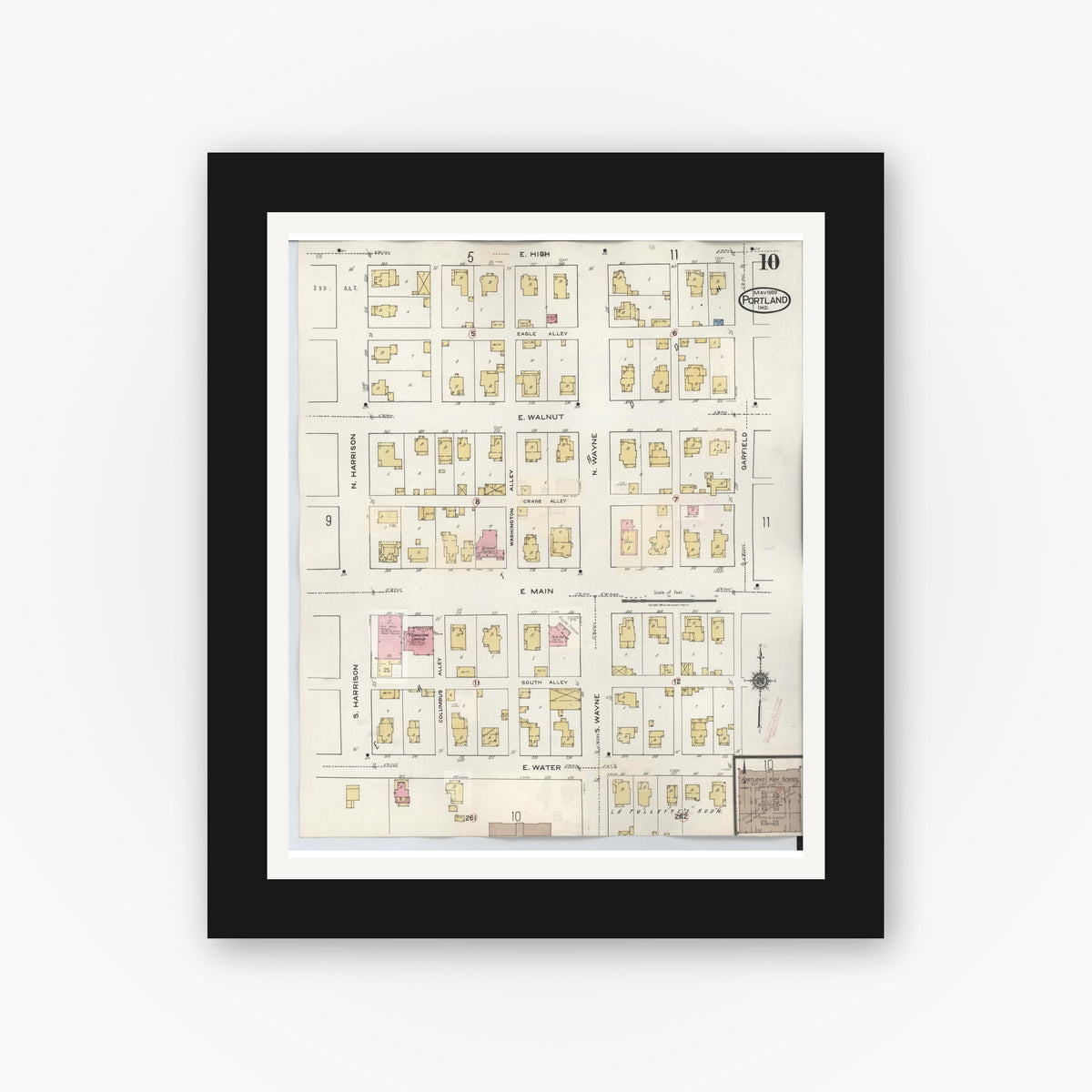 Old map wall art mockup — black gallery frame with white mat — Sanborn Fire Insurance Map from Portland, Jay County, Indiana (1946), Sheet #0010