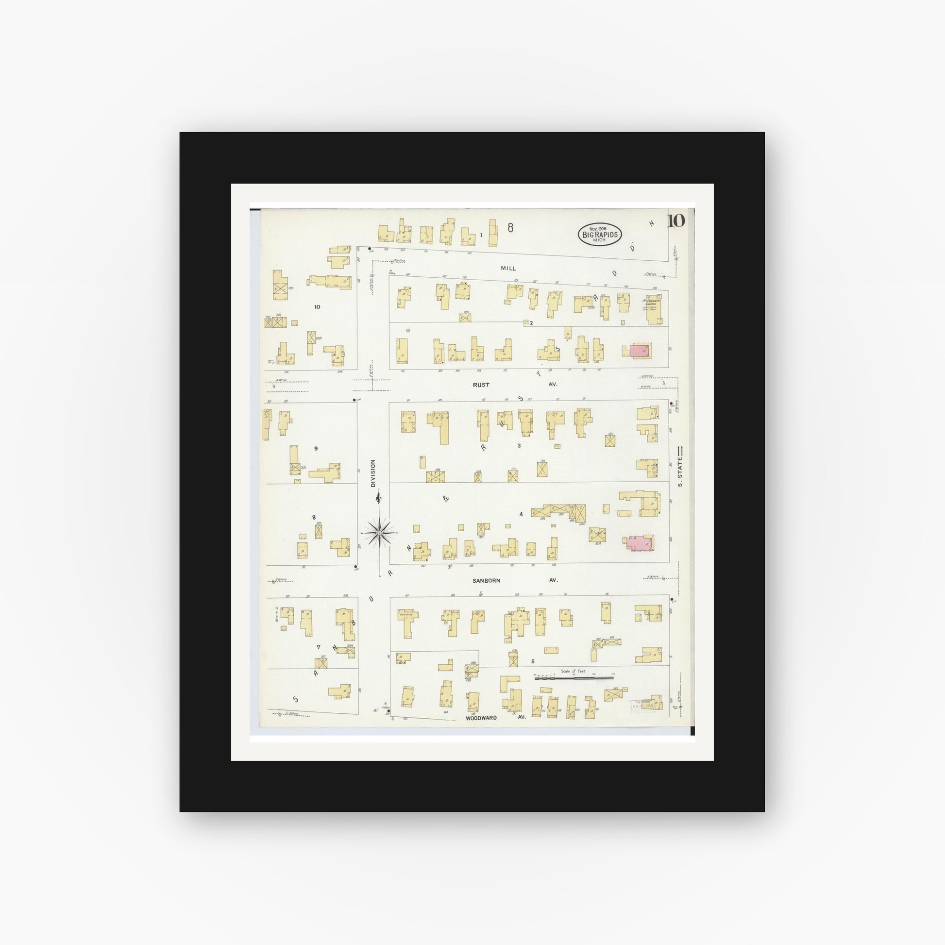 Old map wall art mockup — black gallery frame with white mat — Sanborn Fire Insurance Map from Big Rapids, Mecosta County, Michigan (1908), Sheet #0010