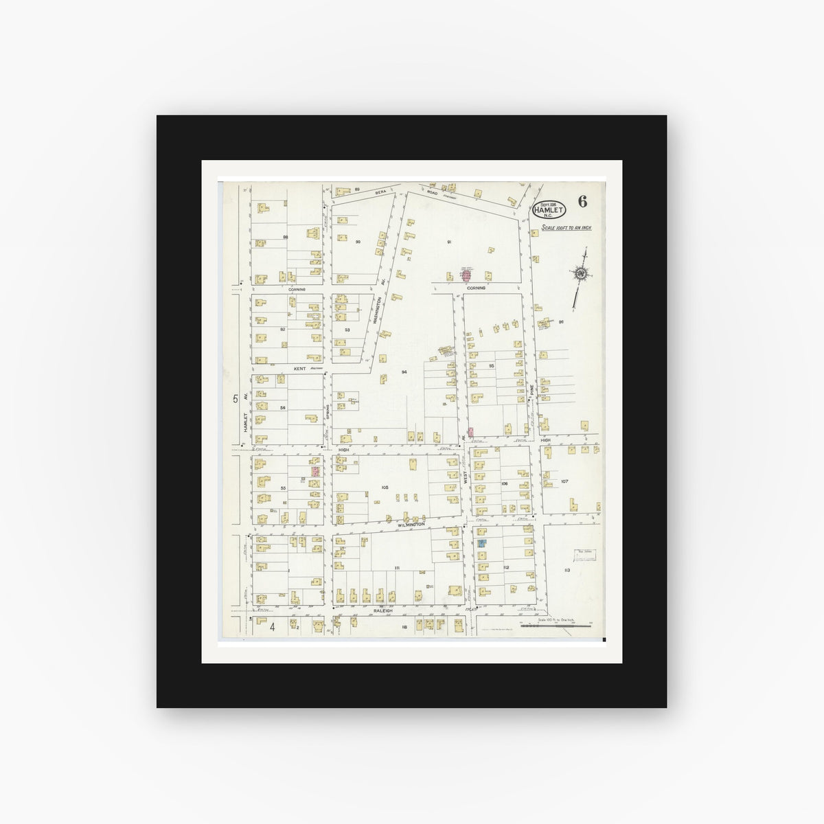 Old map wall art mockup — black gallery frame with white mat — Sanborn Fire Insurance Map from Hamlet, Richmond County, North Carolina (1916), Sheet #0006