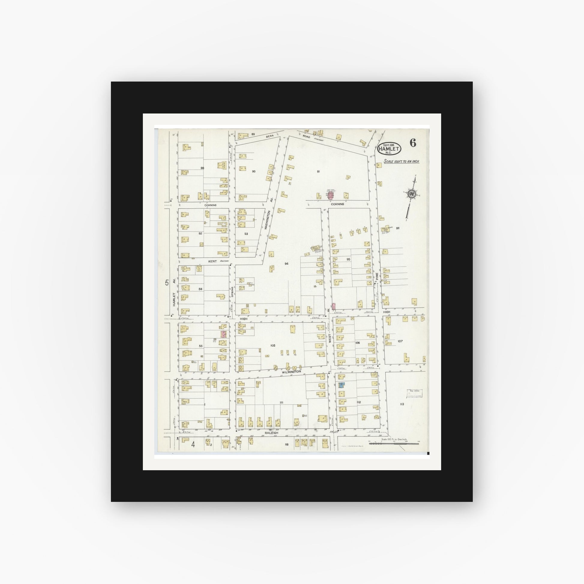 Old map wall art mockup — black gallery frame with white mat — Sanborn Fire Insurance Map from Hamlet, Richmond County, North Carolina (1916), Sheet #0006