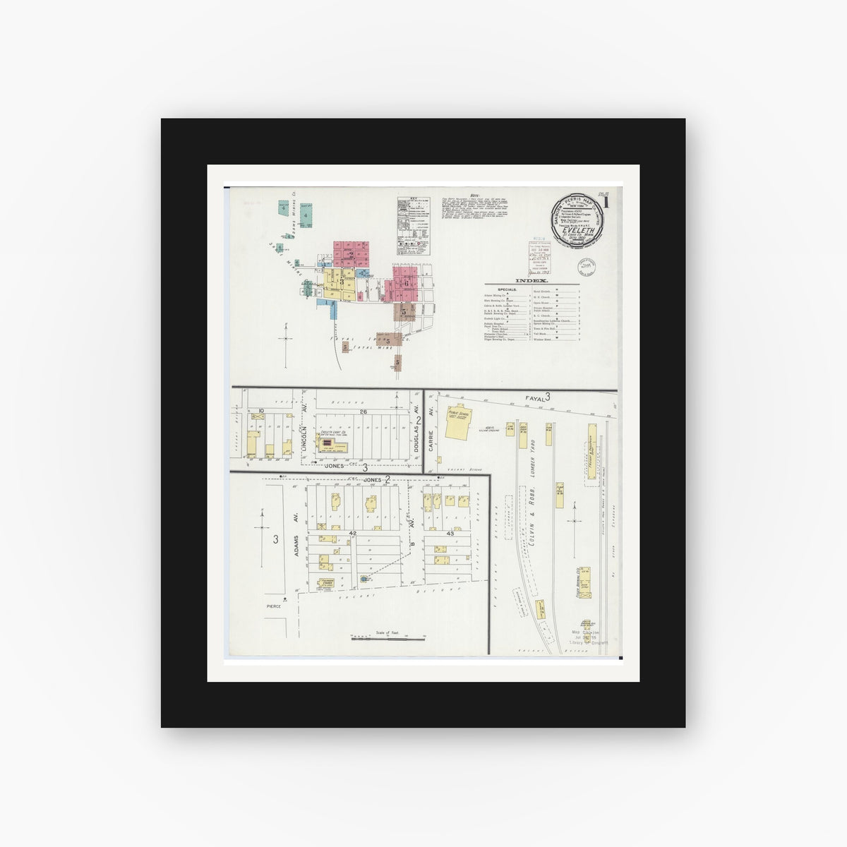 Old map wall art mockup — black gallery frame with white mat — Sanborn Fire Insurance Map from Eveleth, Saint Louis County, Minnesota (1900), Sheet #0001