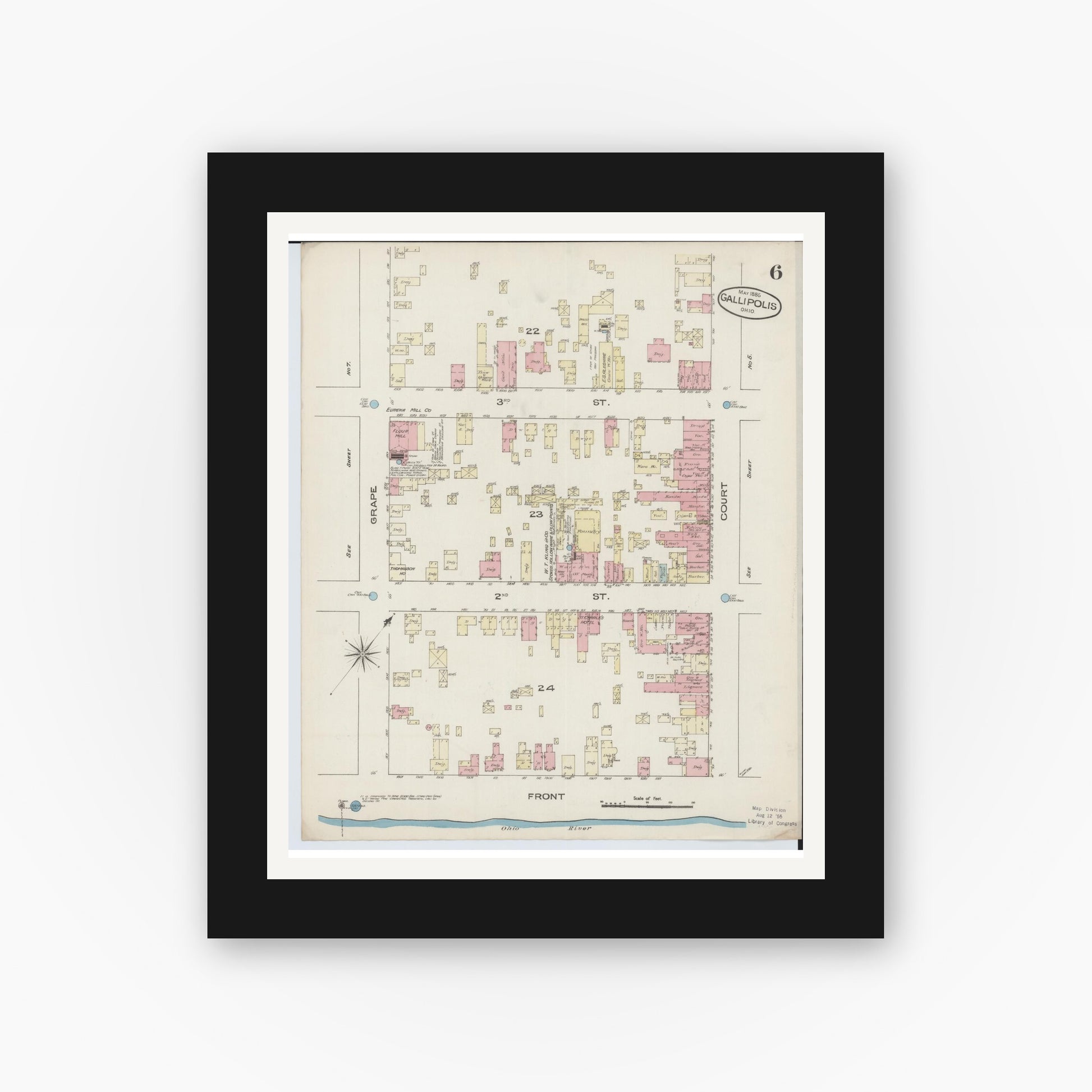 Old map wall art mockup — black gallery frame with white mat — Sanborn Fire Insurance Map from Gallipolis, Gallia County, Ohio (1885), Sheet #0006