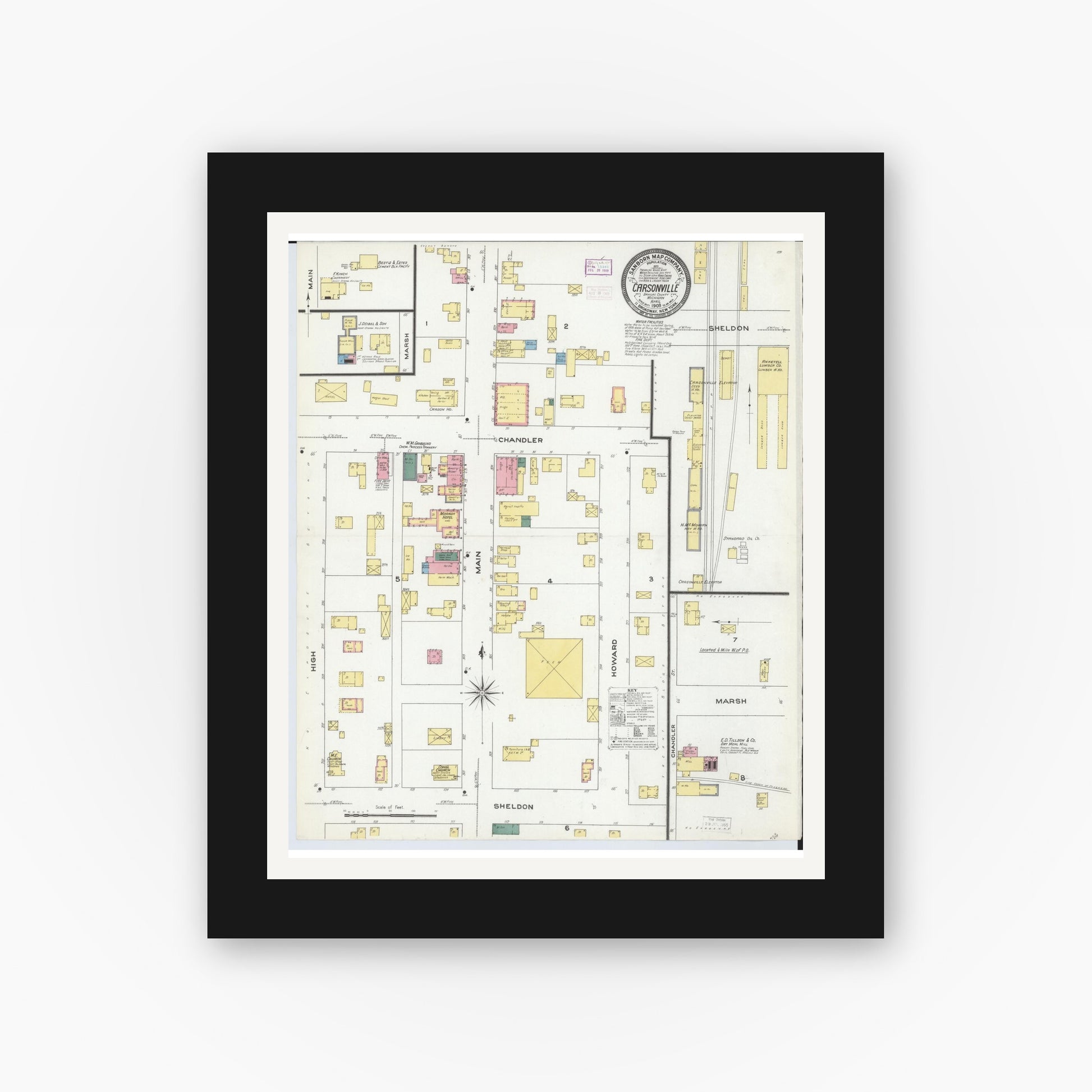 Old map wall art mockup — black gallery frame with white mat — Sanborn Fire Insurance Map from Carsonville, Sanilac County, Michigan (1909), Sheet #0001