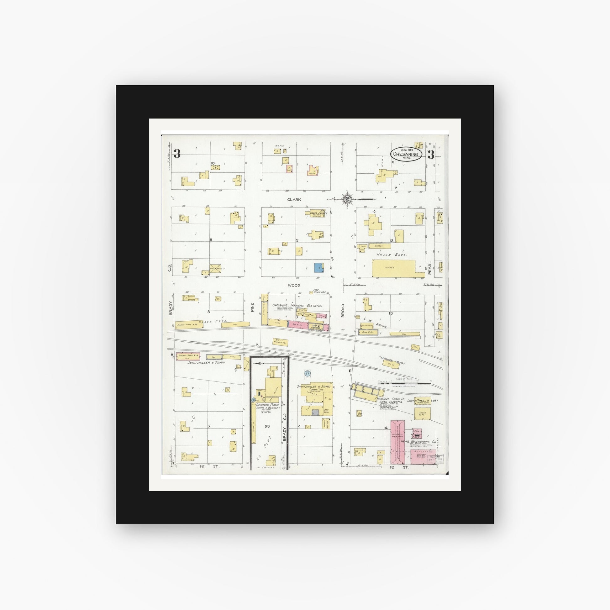 Old map wall art mockup — black gallery frame with white mat — Sanborn Fire Insurance Map from Chesaning, Saginaw County, Michigan (1925), Sheet #0003