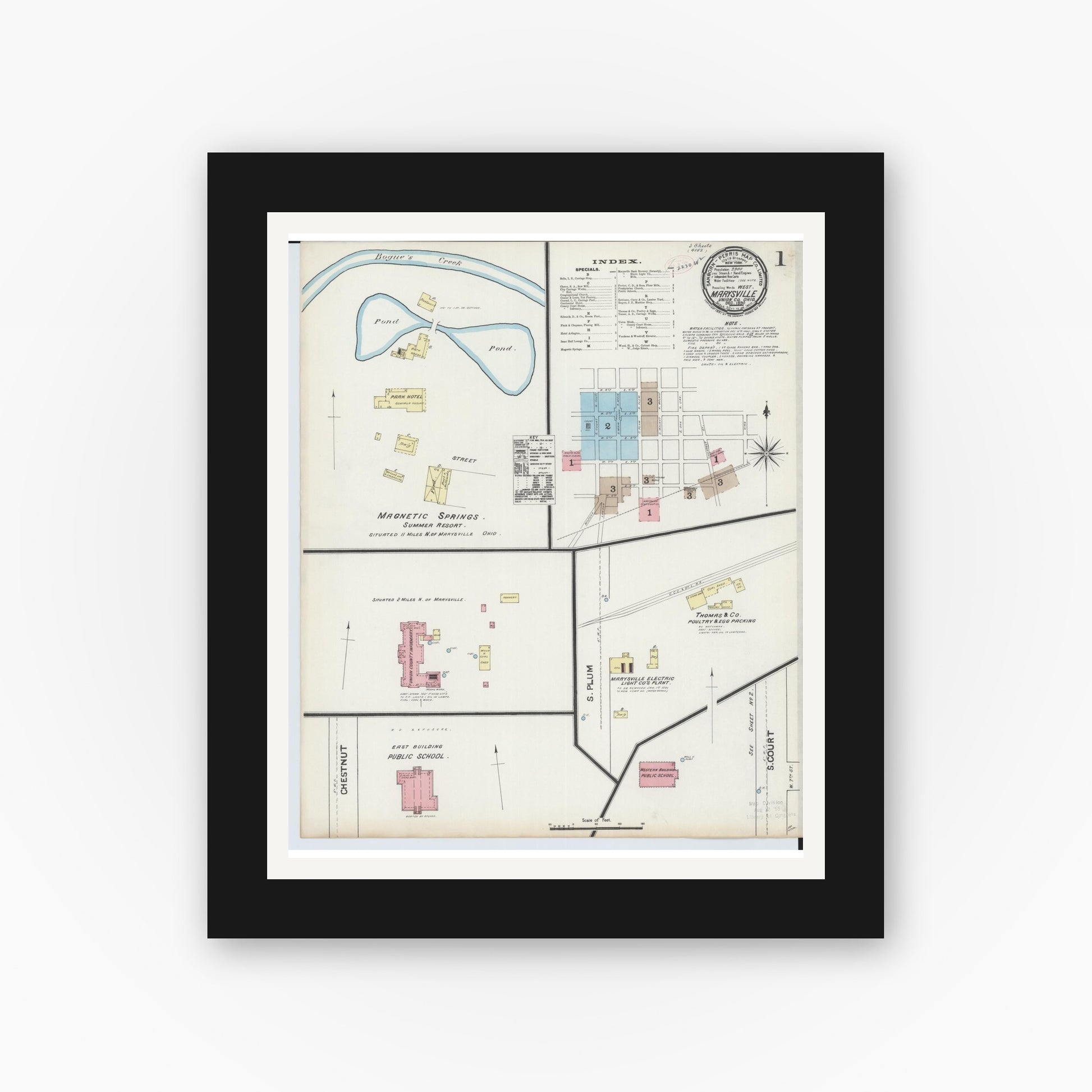 Old map wall art mockup — black gallery frame with white mat — Sanborn Fire Insurance Map from Marysville, Union County, Ohio (1890) - Complete Map Set