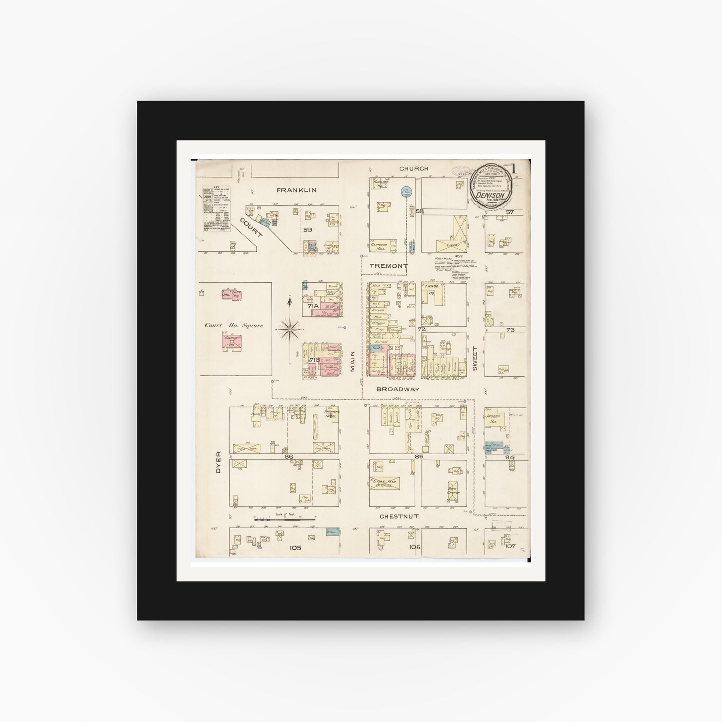 Old map wall art mockup — black gallery frame with white mat — Sanborn Fire Insurance Map from Denison, Crawford County, Iowa (1886), Sheet #0001