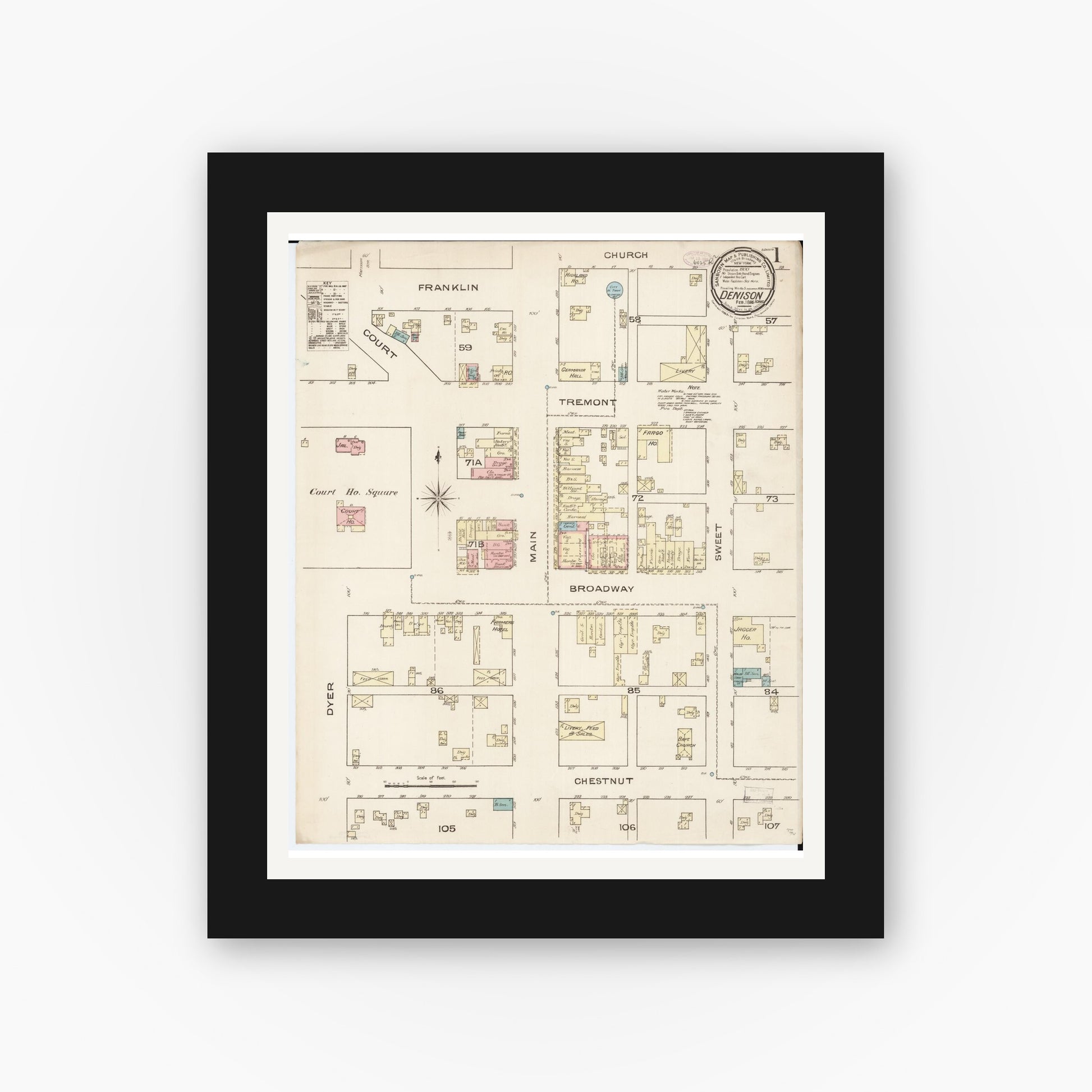 Old map wall art mockup — black gallery frame with white mat — Sanborn Fire Insurance Map from Denison, Crawford County, Iowa (1886), Sheet #0001