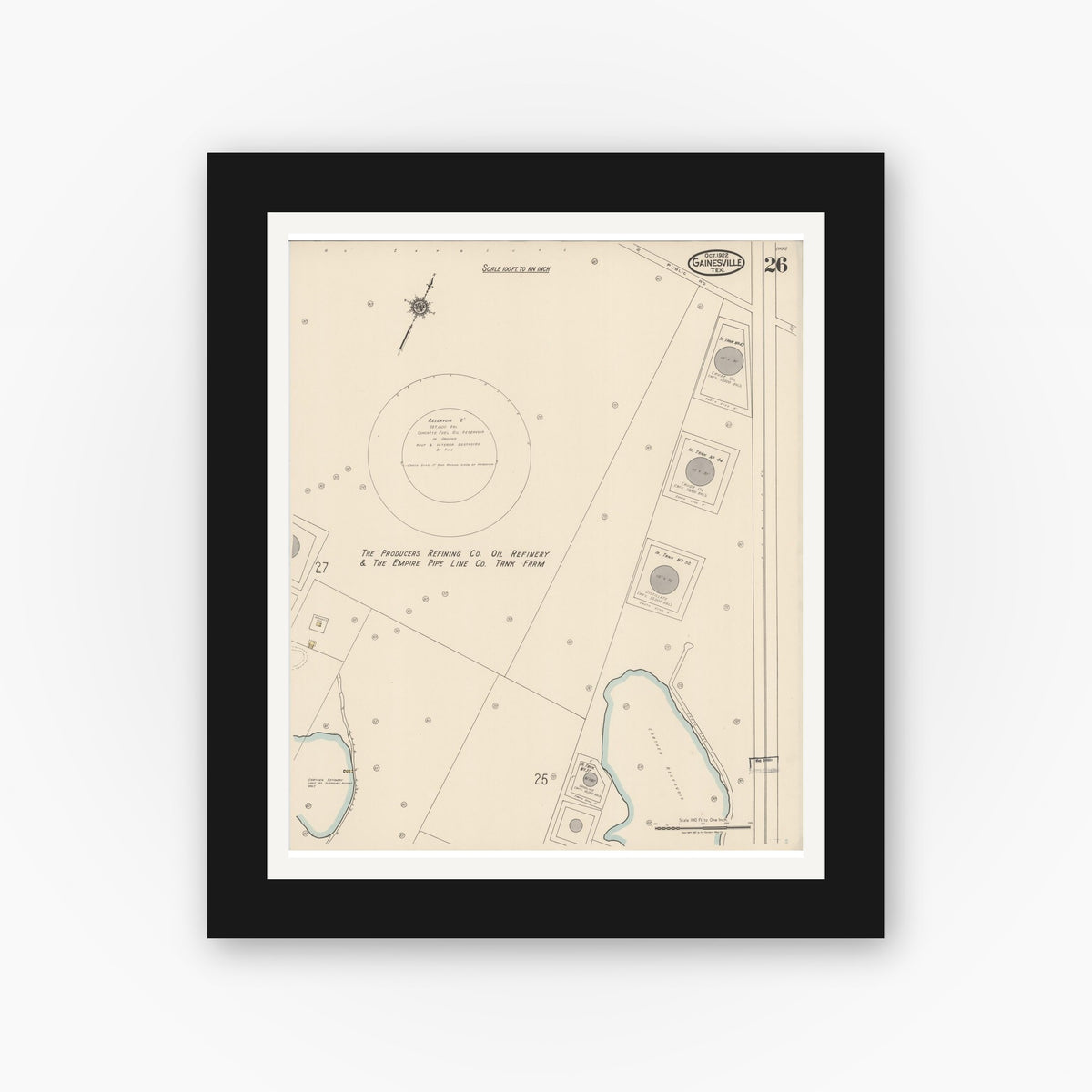 Old map wall art mockup — black gallery frame with white mat — Sanborn Fire Insurance Map from Gainesville, Cooke County, Texas (1922), Sheet #0026
