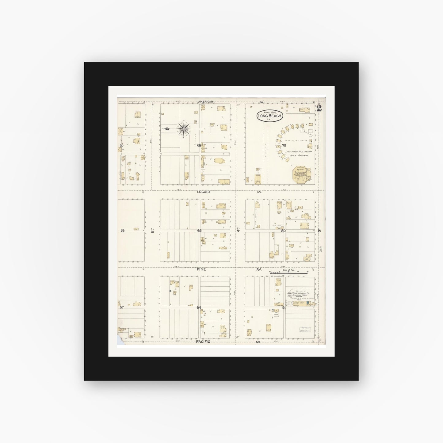 Old map wall art mockup — black gallery frame with white mat — Sanborn Fire Insurance Map from Long Beach, Los Angeles County, California (1895), Sheet #0002