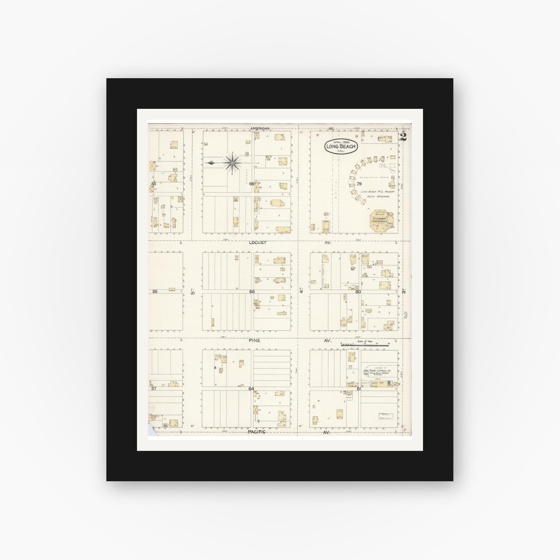 Old map wall art mockup — black gallery frame with white mat — Sanborn Fire Insurance Map from Long Beach, Los Angeles County, California (1895), Sheet #0002