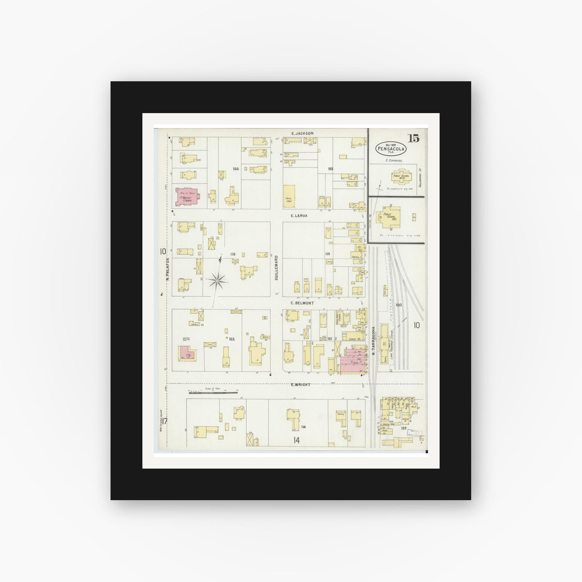 Old map wall art mockup — black gallery frame with white mat — Sanborn Fire Insurance Map from Pensacola, Escambia County, Florida (1897), Sheet #0015