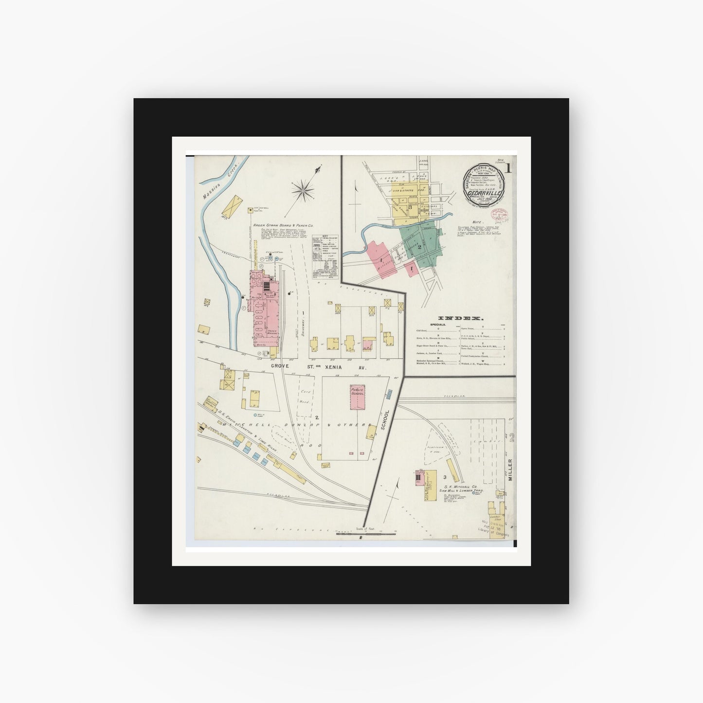 Old map wall art mockup — black gallery frame with white mat — Sanborn Fire Insurance Map from Cedarville, Greene County, Ohio (1895), Sheet #0001