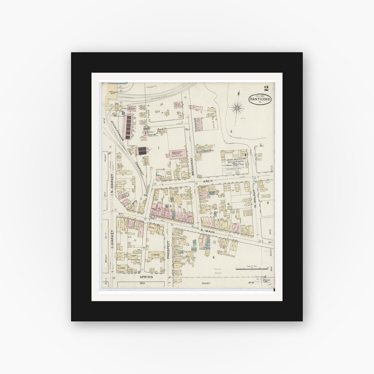 Old map wall art mockup — black gallery frame with white mat — Sanborn Fire Insurance Map from Nanticoke, Luzerne County, Pennsylvania (1888), Sheet #0002
