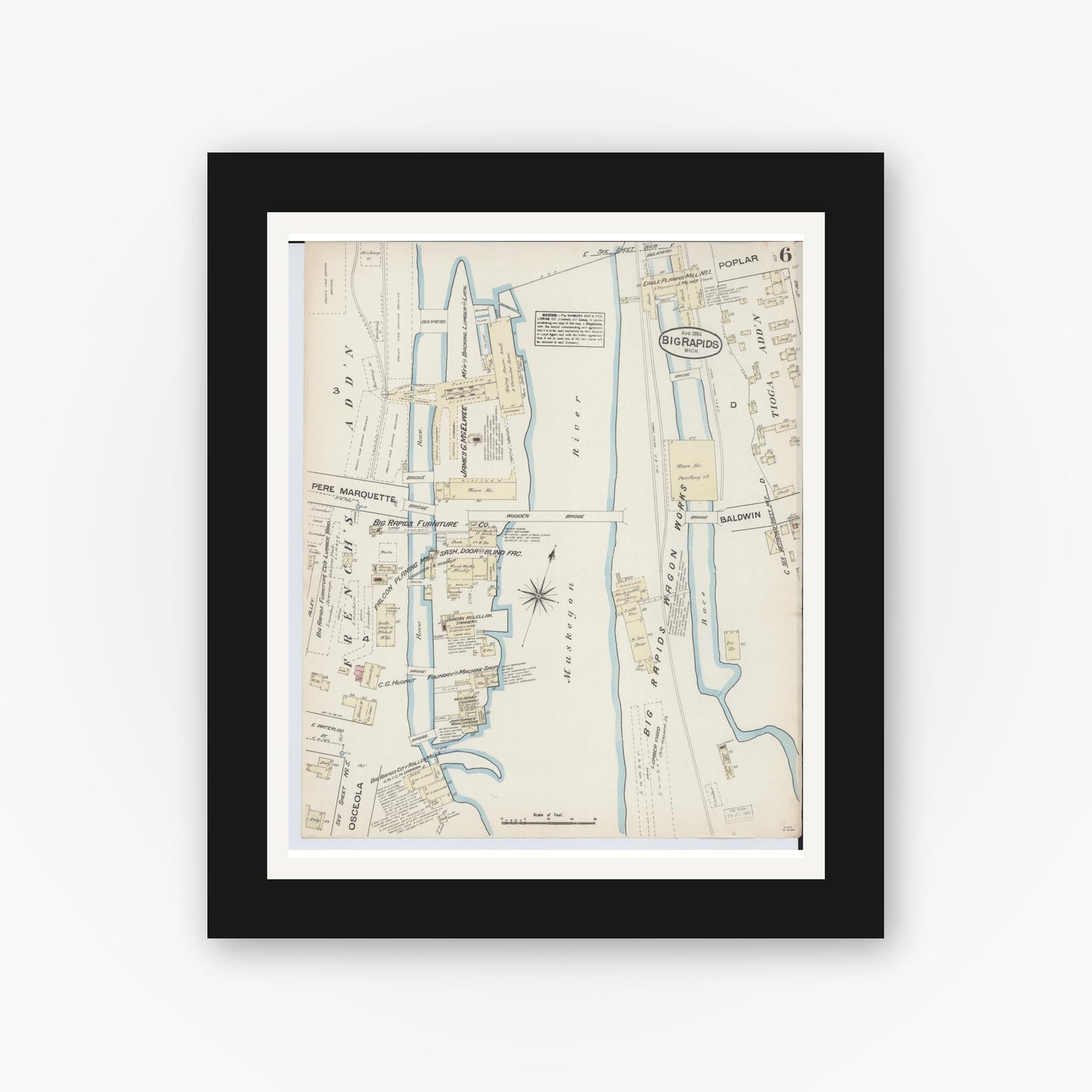 Old map wall art mockup — black gallery frame with white mat — Sanborn Fire Insurance Map from Big Rapids, Mecosta County, Michigan (1884), Sheet #0006