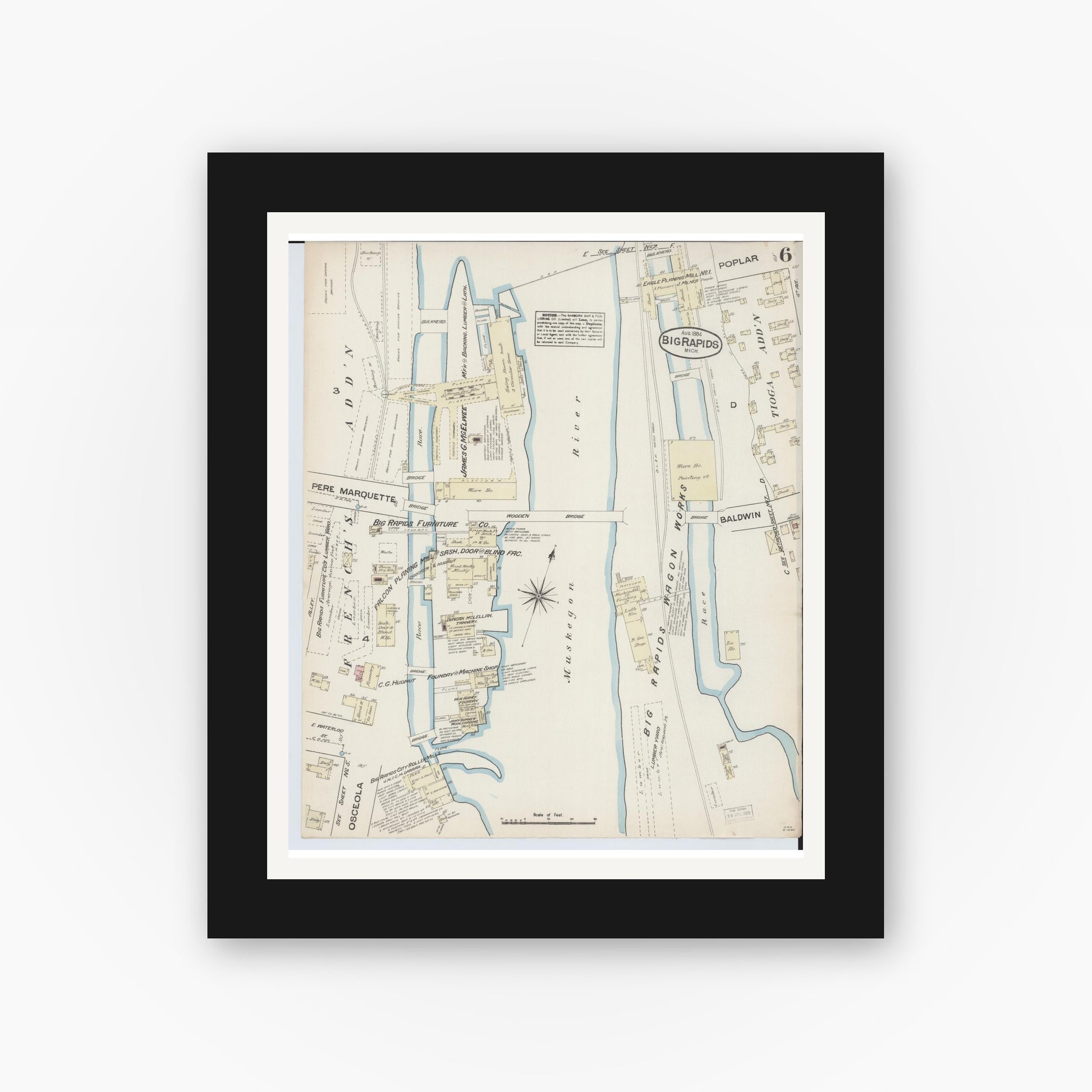 Old map wall art mockup — black gallery frame with white mat — Sanborn Fire Insurance Map from Big Rapids, Mecosta County, Michigan (1884), Sheet #0006