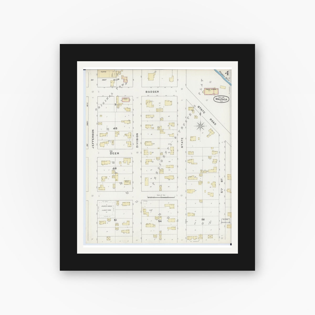 Old map wall art mockup — black gallery frame with white mat — Sanborn Fire Insurance Map from Waupaca, Waupaca County, Wisconsin (1891), Sheet #0004