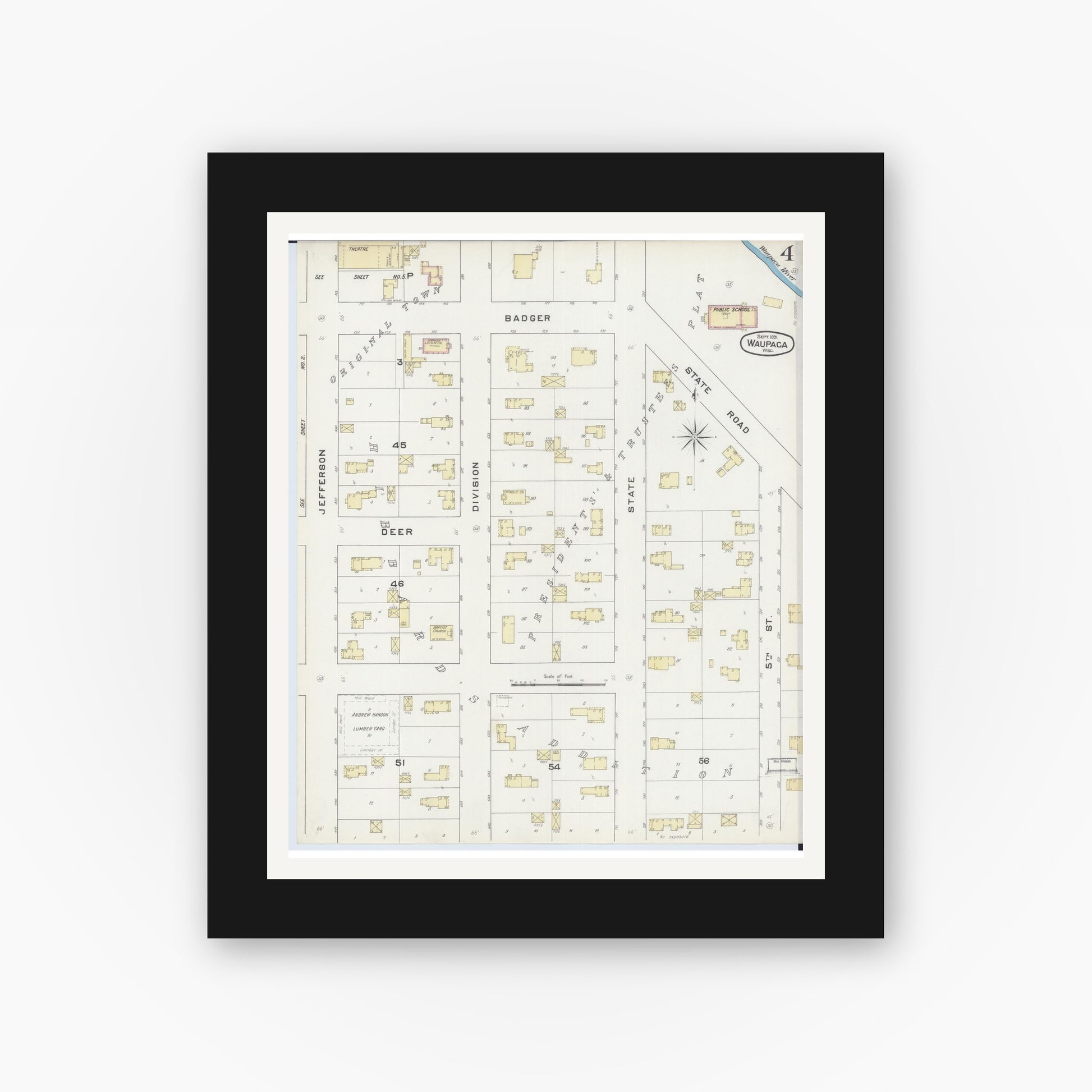 Old map wall art mockup — black gallery frame with white mat — Sanborn Fire Insurance Map from Waupaca, Waupaca County, Wisconsin (1891), Sheet #0004