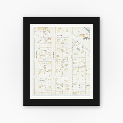 Old map wall art mockup — black gallery frame with white mat — Sanborn Fire Insurance Map from Waupaca, Waupaca County, Wisconsin (1891), Sheet #0004