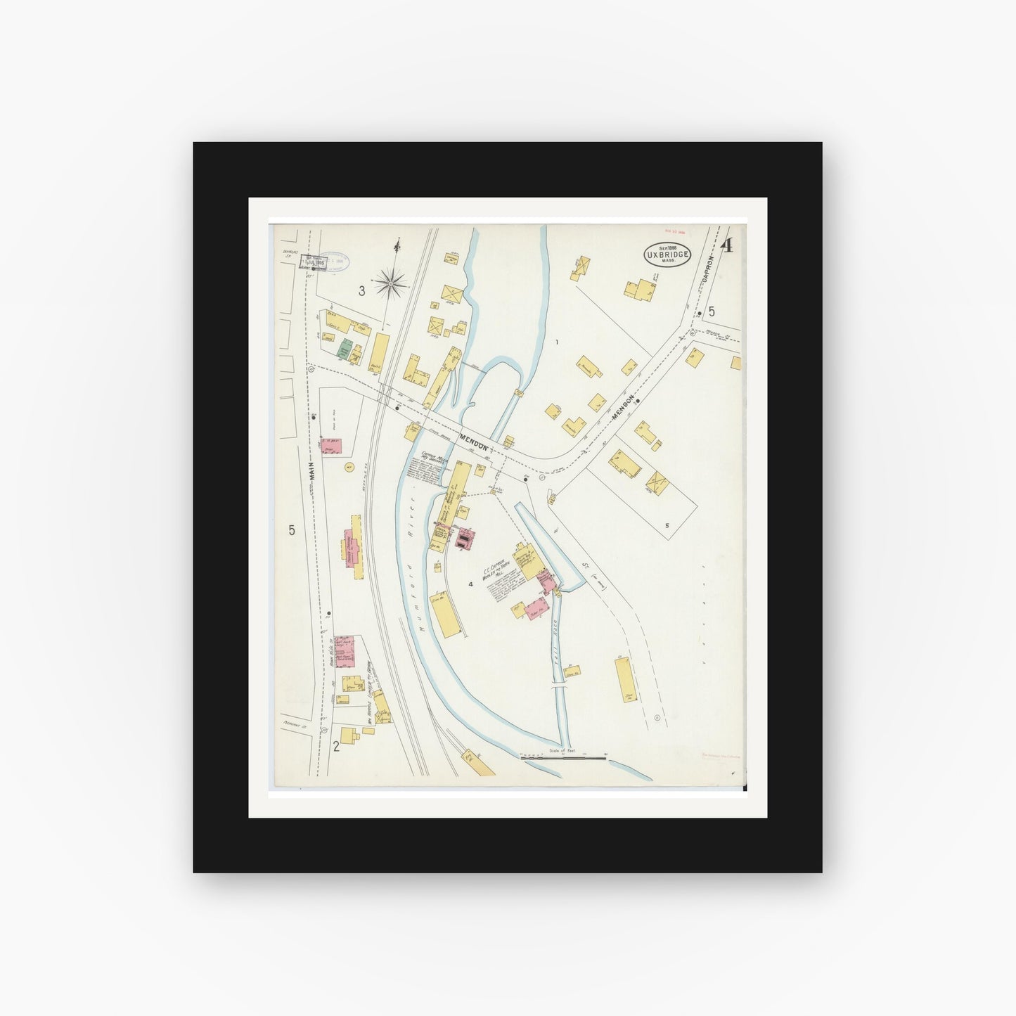 Old map wall art mockup — black gallery frame with white mat — Sanborn Fire Insurance Map from Uxbridge, Worcester County, Massachusetts (1898), Sheet #0004