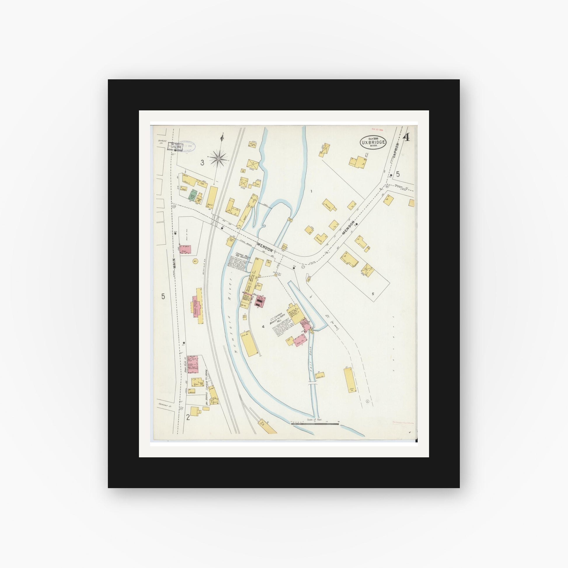 Old map wall art mockup — black gallery frame with white mat — Sanborn Fire Insurance Map from Uxbridge, Worcester County, Massachusetts (1898), Sheet #0004