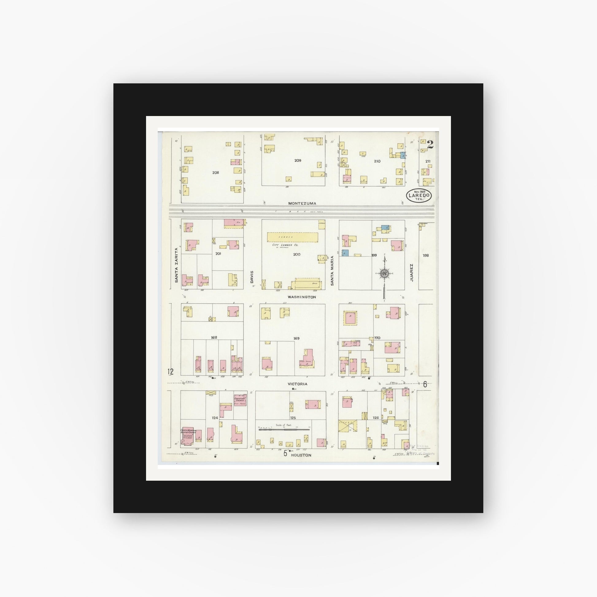 Old map wall art mockup — black gallery frame with white mat — Sanborn Fire Insurance Map from Laredo, Webb County, Texas (1909), Sheet #0002