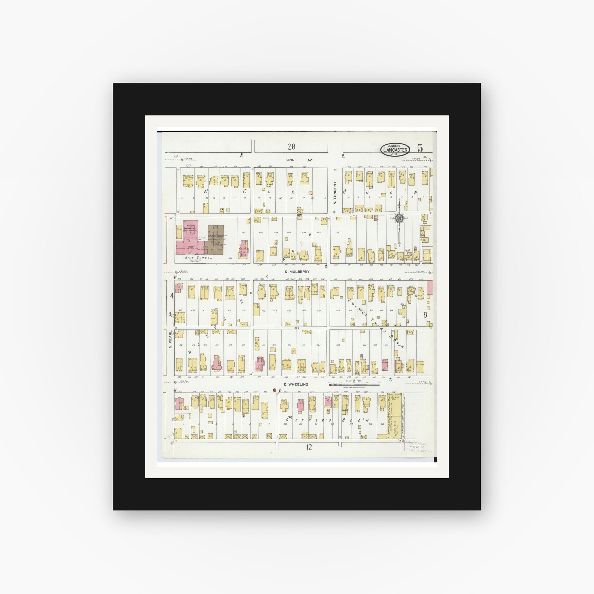 Old map wall art mockup — black gallery frame with white mat — Sanborn Fire Insurance Map from Lancaster, Fairfield County, Ohio (1919), Sheet #0005