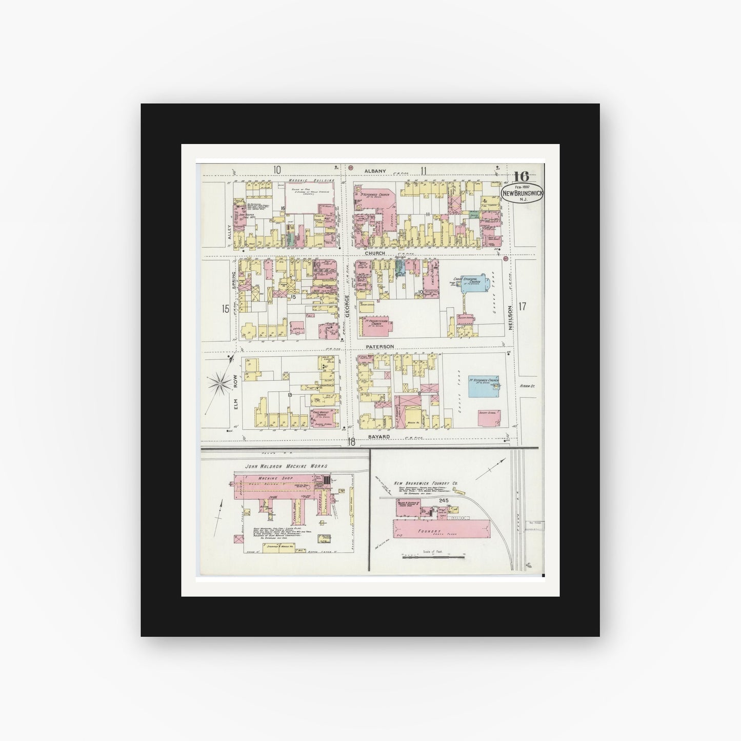 Old map wall art mockup — black gallery frame with white mat — Sanborn Fire Insurance Map from New Brunswick, Middlesex County, New Jersey (1897), Sheet #0016