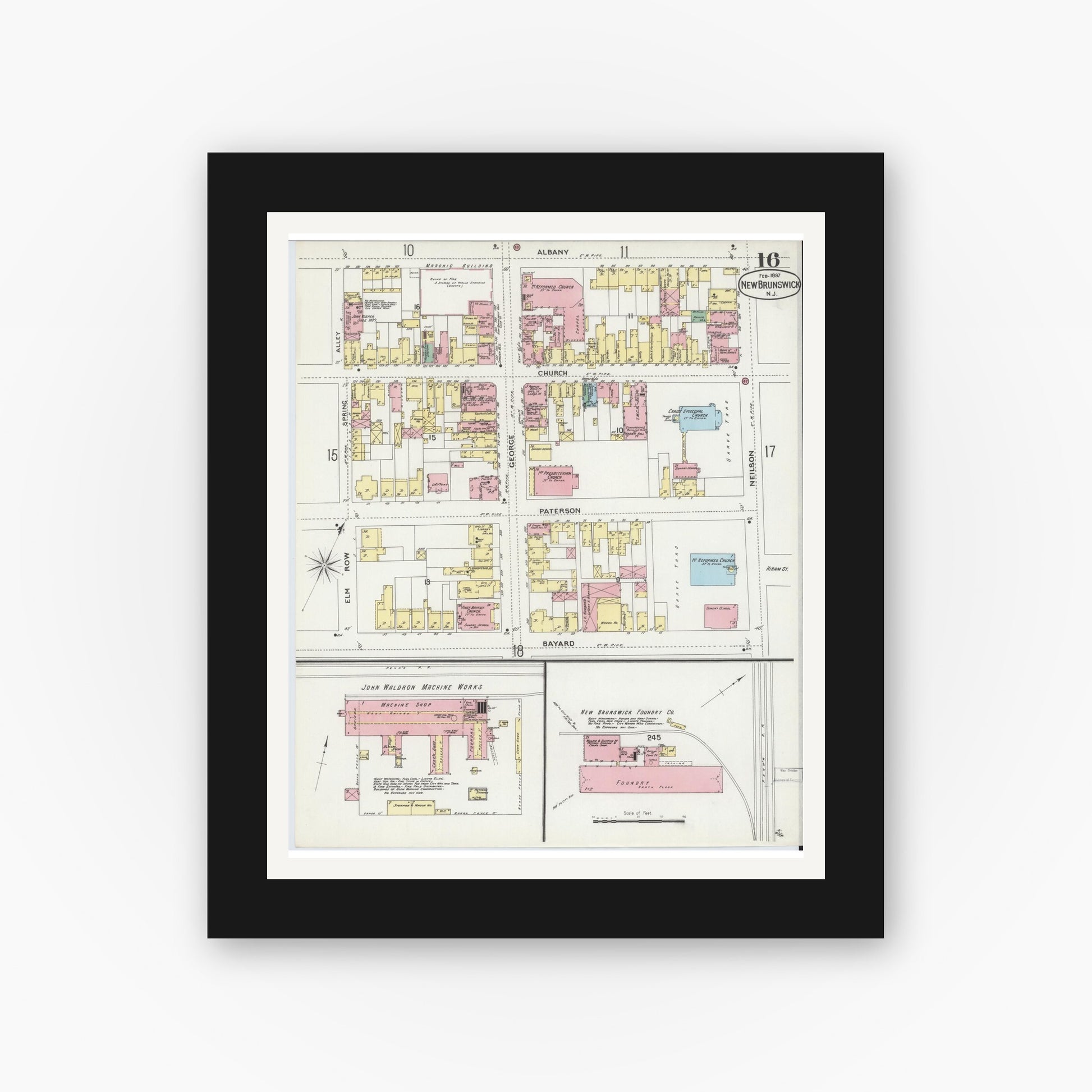 Old map wall art mockup — black gallery frame with white mat — Sanborn Fire Insurance Map from New Brunswick, Middlesex County, New Jersey (1897), Sheet #0016