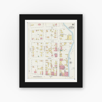 Old map wall art mockup — black gallery frame with white mat — Sanborn Fire Insurance Map from Watertown, Jefferson County, Wisconsin (1895), Sheet #0010