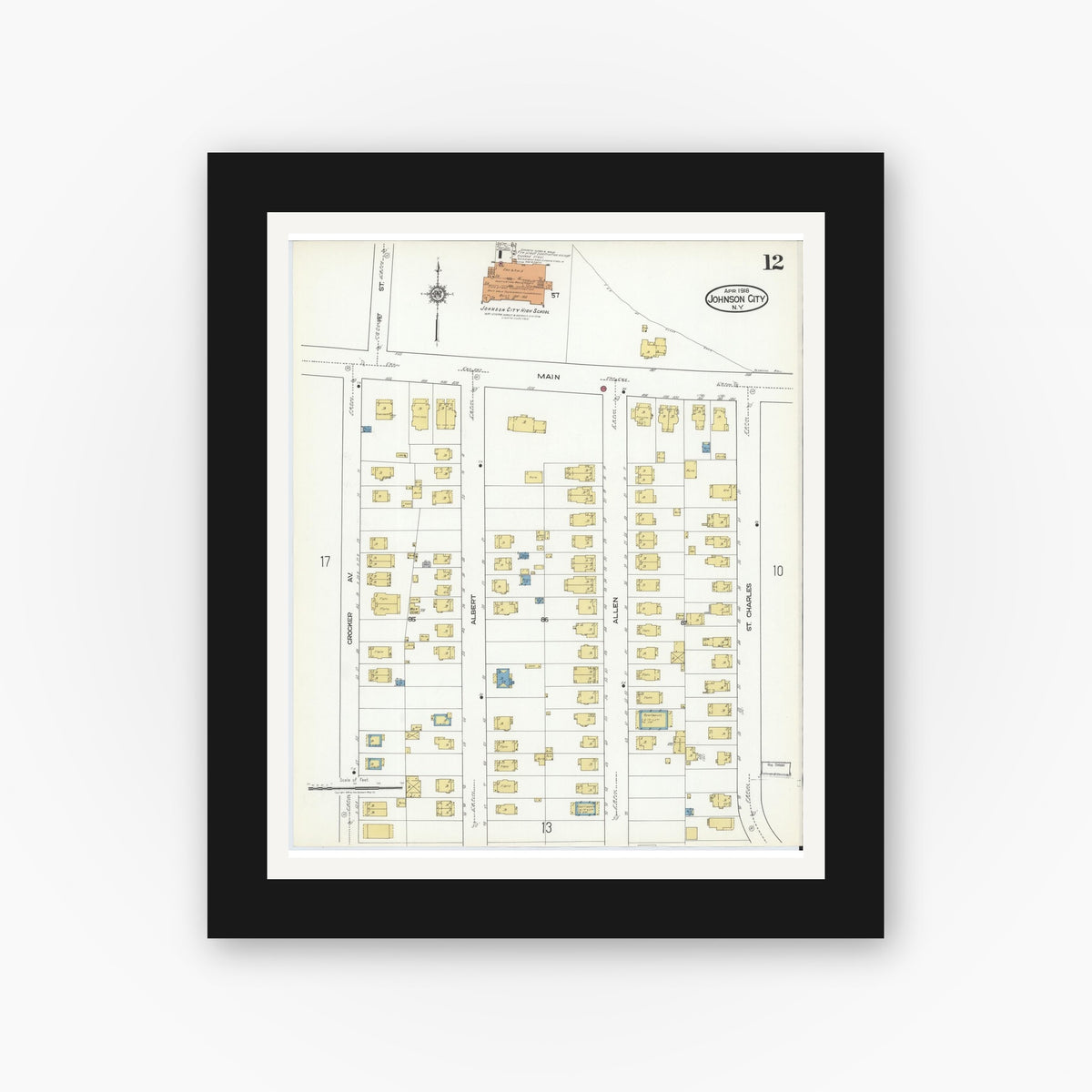 Old map wall art mockup — black gallery frame with white mat — Sanborn Fire Insurance Map from Johnson City, Broome County, New York (1918), Sheet #0012