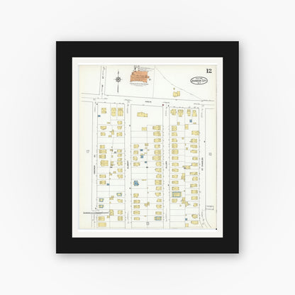 Old map wall art mockup — black gallery frame with white mat — Sanborn Fire Insurance Map from Johnson City, Broome County, New York (1918), Sheet #0012