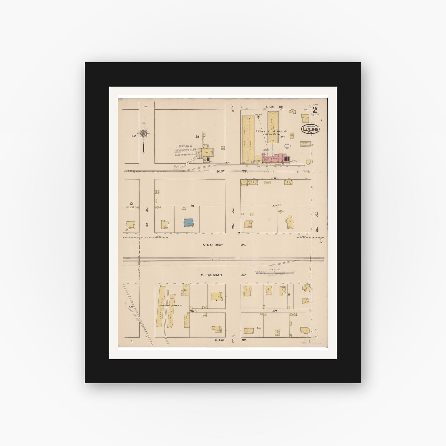 Old map wall art mockup — black gallery frame with white mat — Sanborn Fire Insurance Map from Luling, Caldwell County, Texas (1921), Sheet #0002
