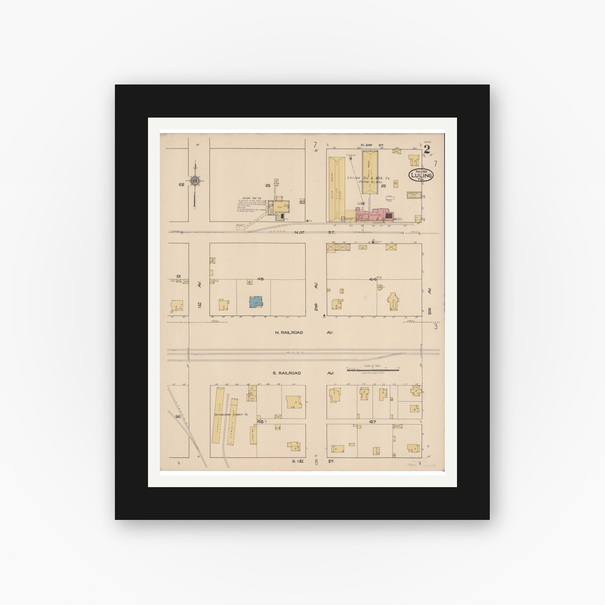 Old map wall art mockup — black gallery frame with white mat — Sanborn Fire Insurance Map from Luling, Caldwell County, Texas (1921), Sheet #0002