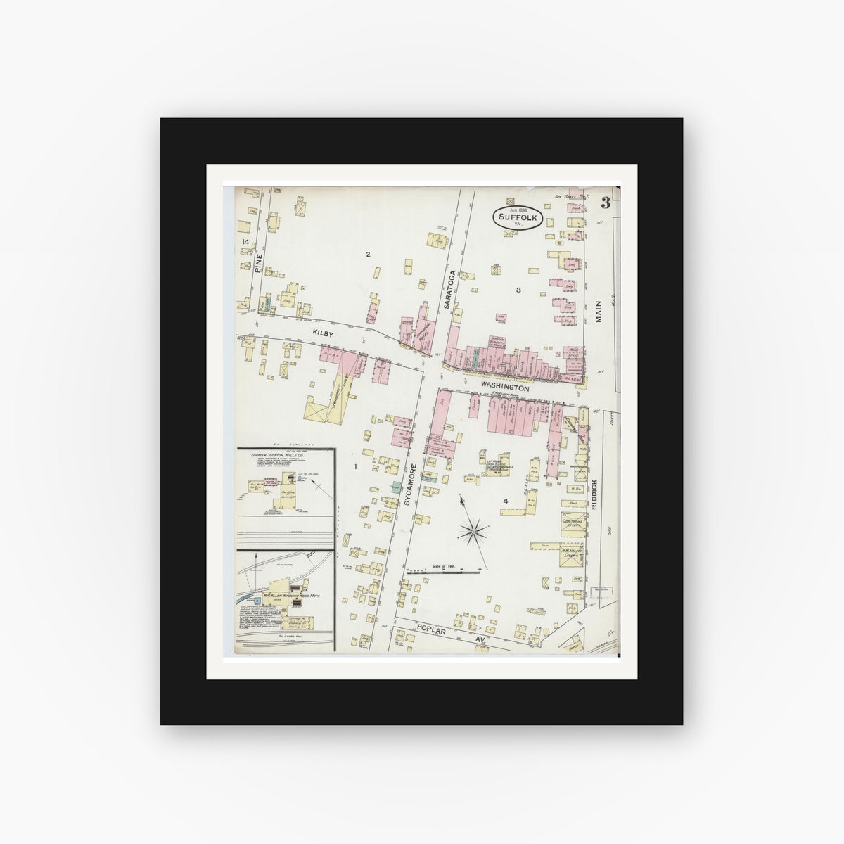 Old map wall art mockup — black gallery frame with white mat — Sanborn Fire Insurance Map from Suffolk, Independent Cities, Virginia (1888), Sheet #0003