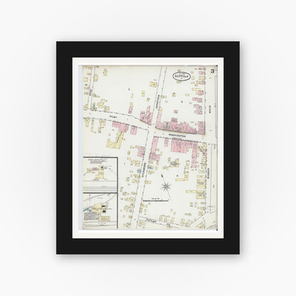 Old map wall art mockup — black gallery frame with white mat — Sanborn Fire Insurance Map from Suffolk, Independent Cities, Virginia (1888), Sheet #0003