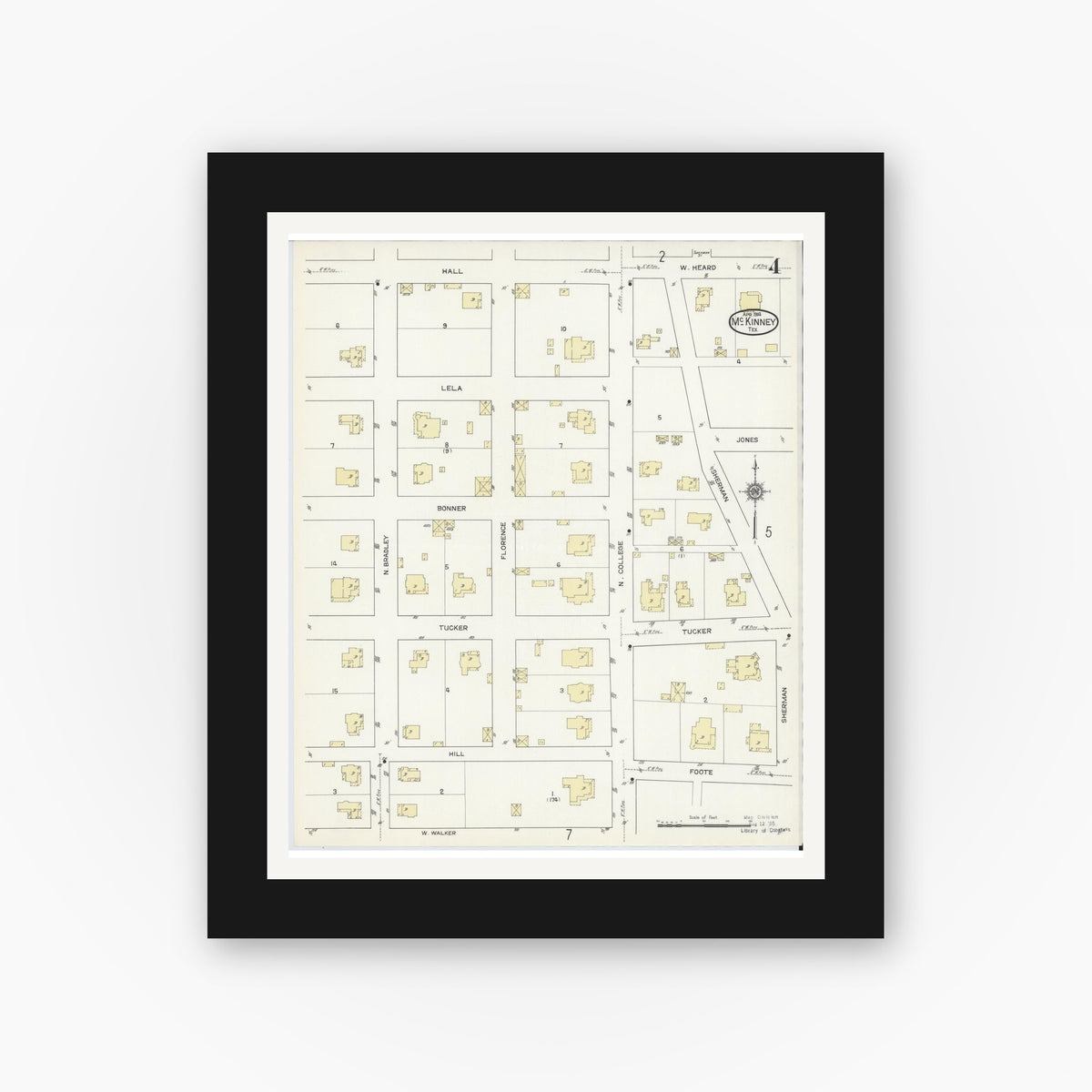 Old map wall art mockup — black gallery frame with white mat — Sanborn Fire Insurance Map from McKinney, Collin County, Texas (1914), Sheet #0004