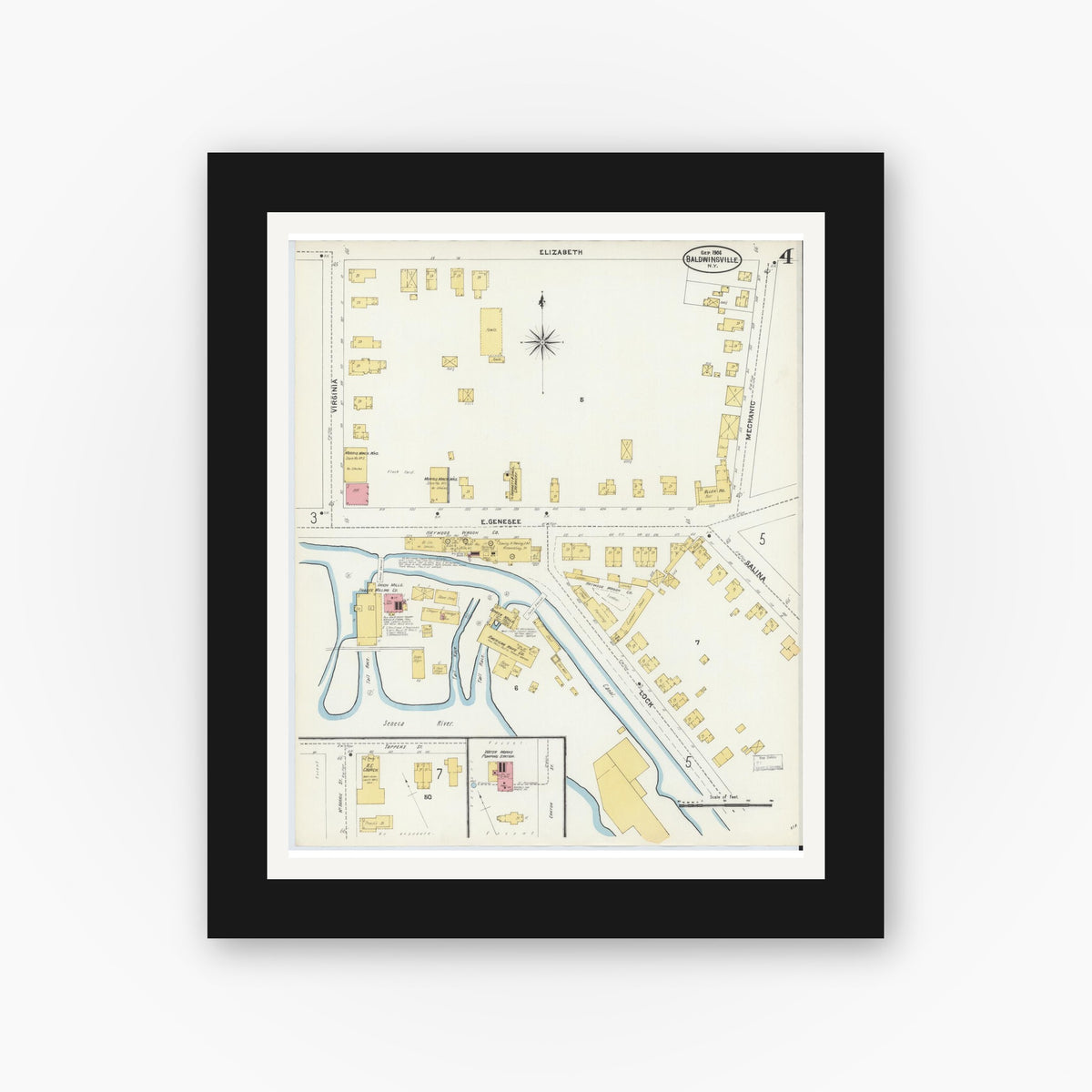 Old map wall art mockup — black gallery frame with white mat — Sanborn Fire Insurance Map from Baldwinsville, Onondaga County, New York (1906), Sheet #0004
