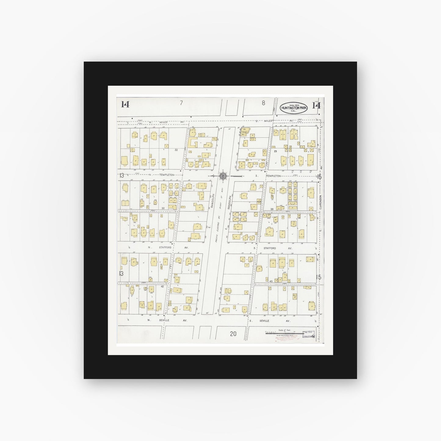 Old map wall art mockup — black gallery frame with white mat — Sanborn Fire Insurance Map from Huntington Park, Los Angeles County, California (1924), Sheet #0014